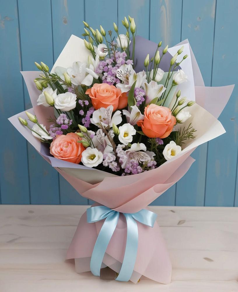 Букет цветов из: Лизиантусы, Розы, Альстромерии и Гипсофила в Александровке Воронежской области